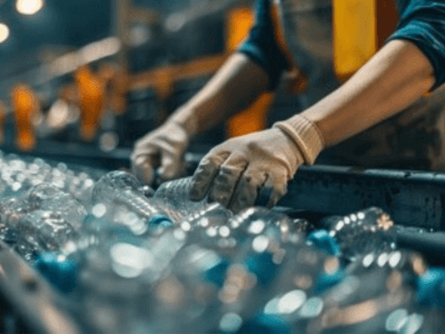 un addetto che lavora al riciclaggio della plastica